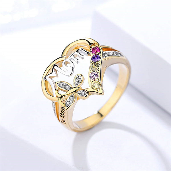 Mother's Day Gift Hollow Heart English Letter Love Mom Rhinestone Butterfly Finger Ring Jewelry Gift